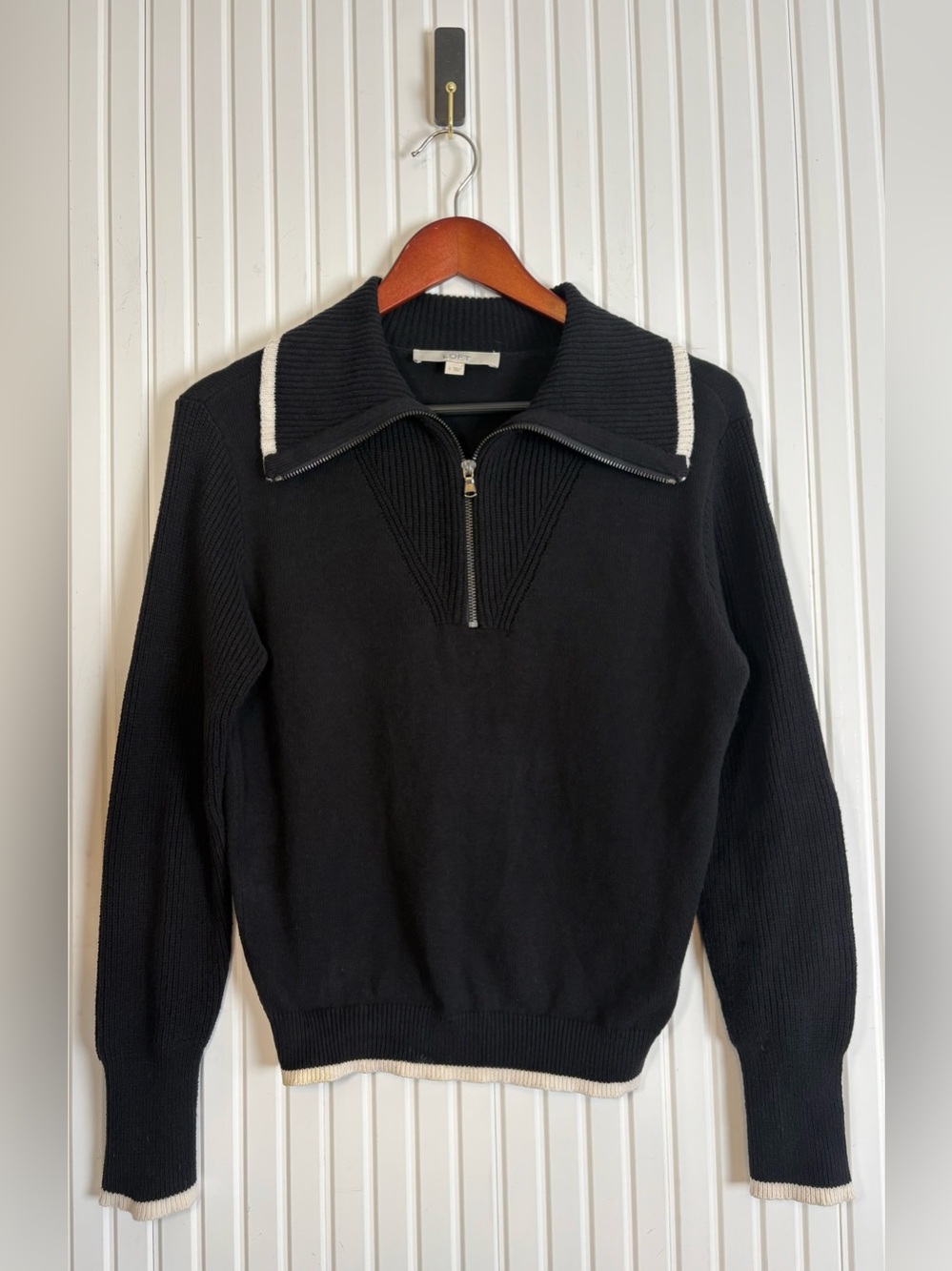 Loft Collared Quarter Zip Sweater Black Two Toned S Preppy Ivy League Coastal